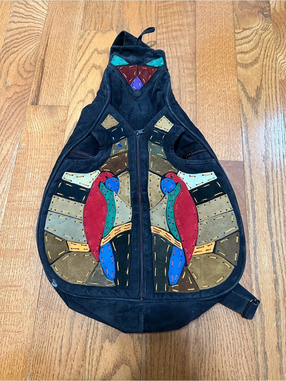 Black Suede Bird Carrier Backpack with Red & Blue Parrot Design